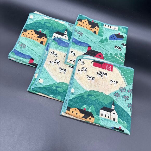 Vintage Napkins Farmhouse Country Cows Barn Church Set Of 4 Finished Edge Green - Picture 1 of 6